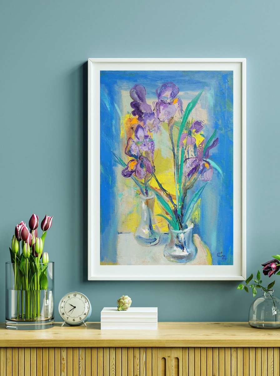 Impressionistic Still Life Oil Painting By Victoria Cozmolici, 18 X 26", Iris, Original Artwork