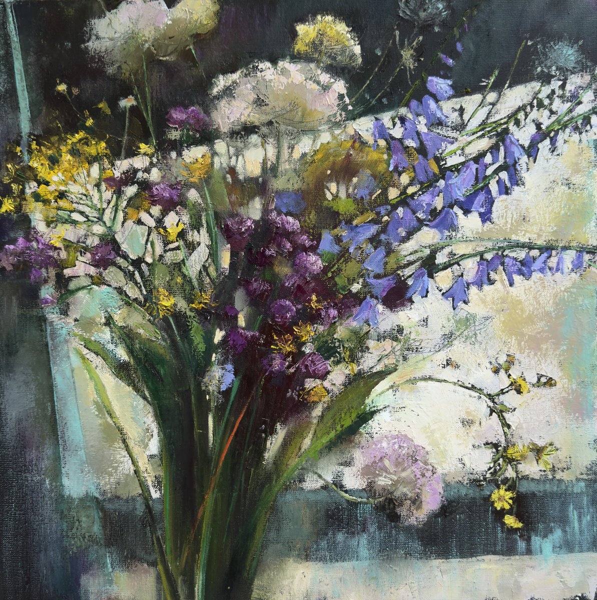 Abstract Botanical Oil Painting By Olha Laptieva, 20 X 20", Blue Bells, Original Artwork