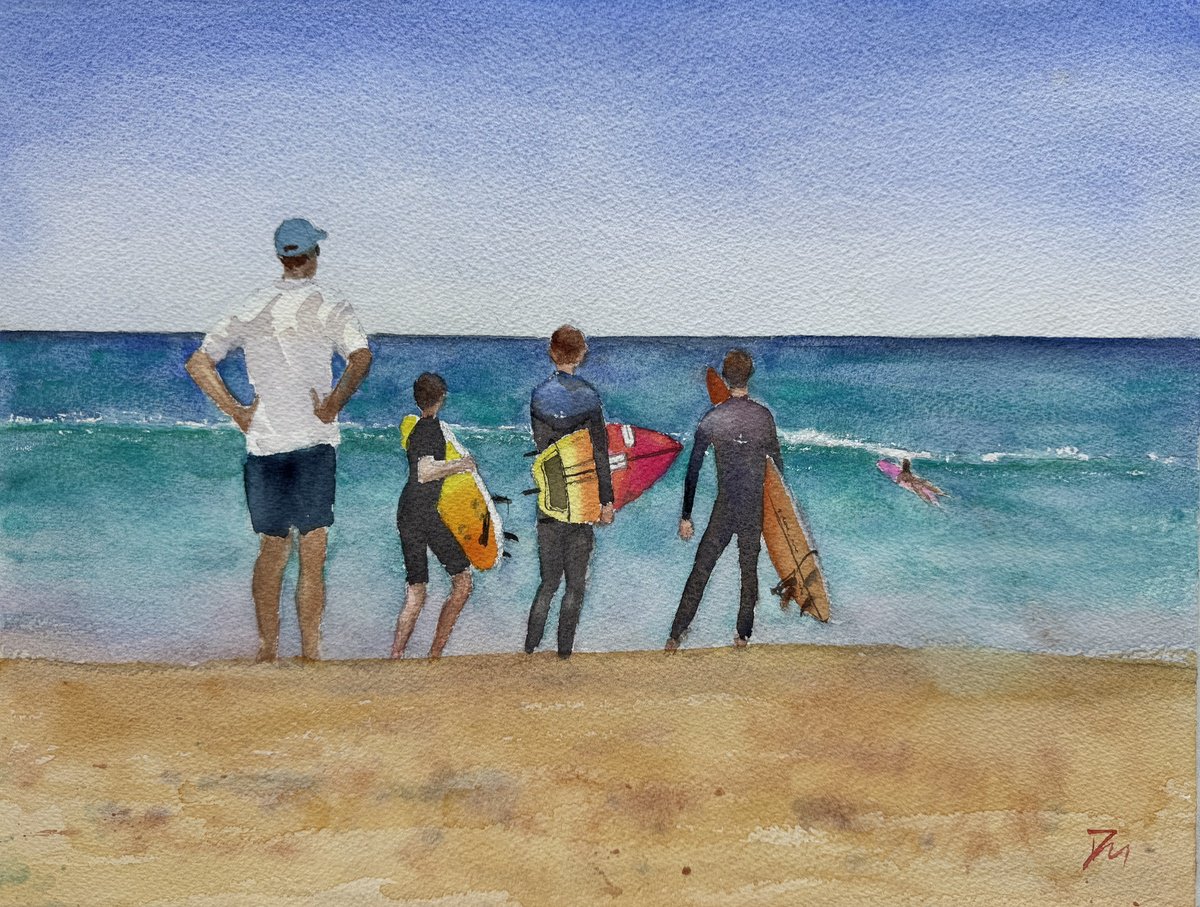 Impressionistic Portrait Watercolour By Shelly Du, 16 X 12", Surfing Lesson, Original Artwork
