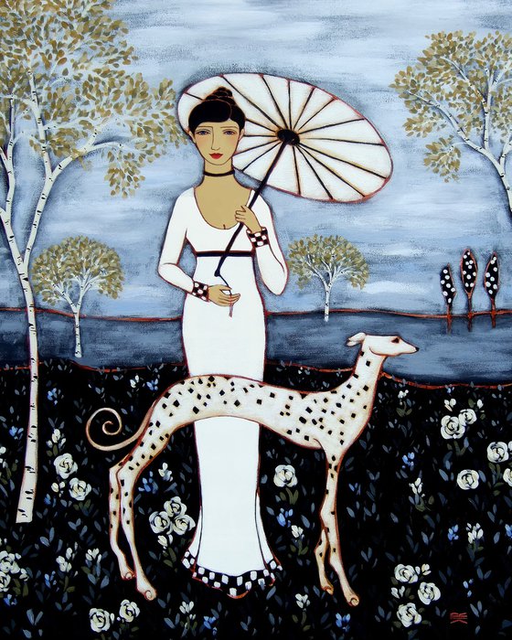 Woman with Birch Trees & Dalmatian