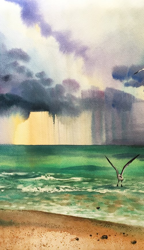 Miami beach. The ocean before the thunderstorm. Seascape art by Natalia Veyner