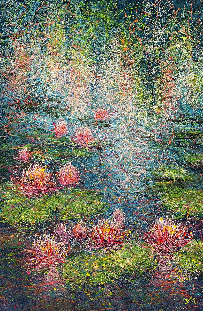 Impressionistic Botanical Acrylic Painting By Nadiia Antoniuk, 53 X 79", Kissed By The Morning Mist, Original Artwork