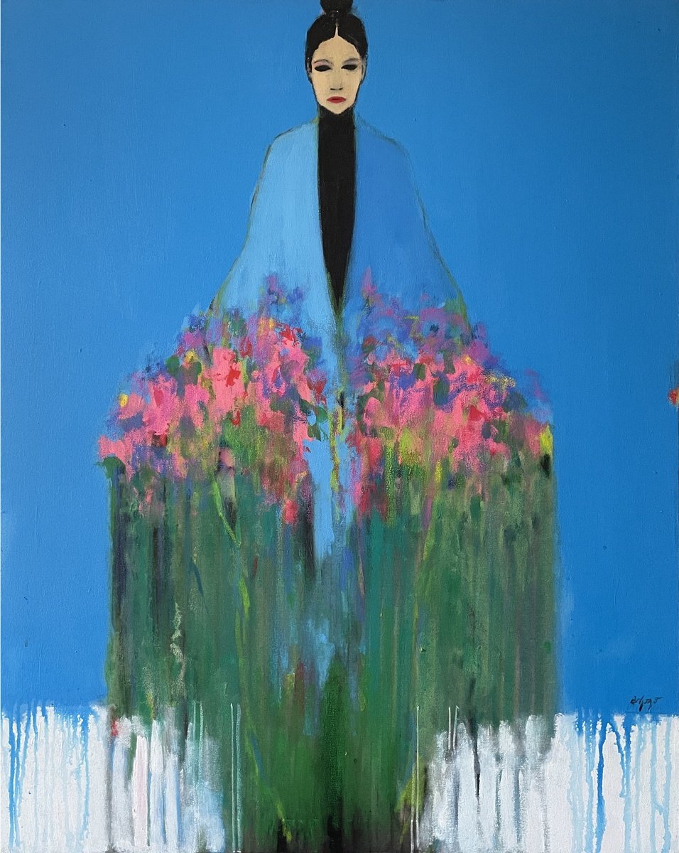 Abstract Portrait Acrylic Painting By Gela Mikava, 31 X 39, The Girl With Bouquet, Original Artwork