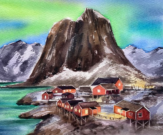 "Arctic Glow" original watercolor paintint, seascape, blue colors, northen lights, nautical art