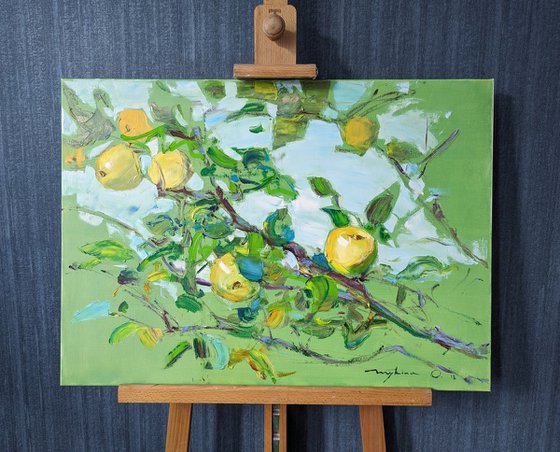Apple tree branch. 50x70 cm. In the garden . Fruit Gifts of autumn . Original oil painting
