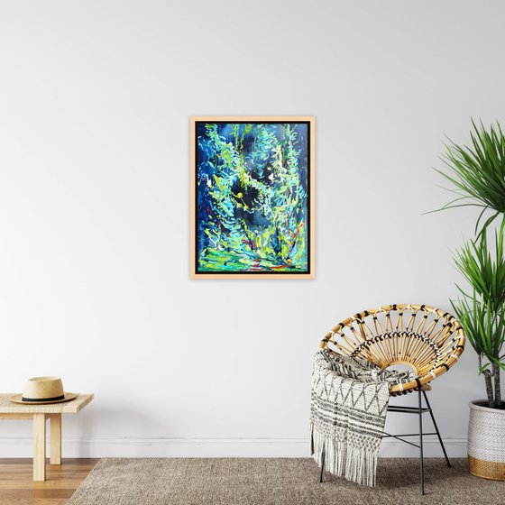 Abstract Floral Original Painting on Canvas. Blue White Flowers, Forest, Lake, Lily Pond.  46x61cm Modern Impressionism  Art