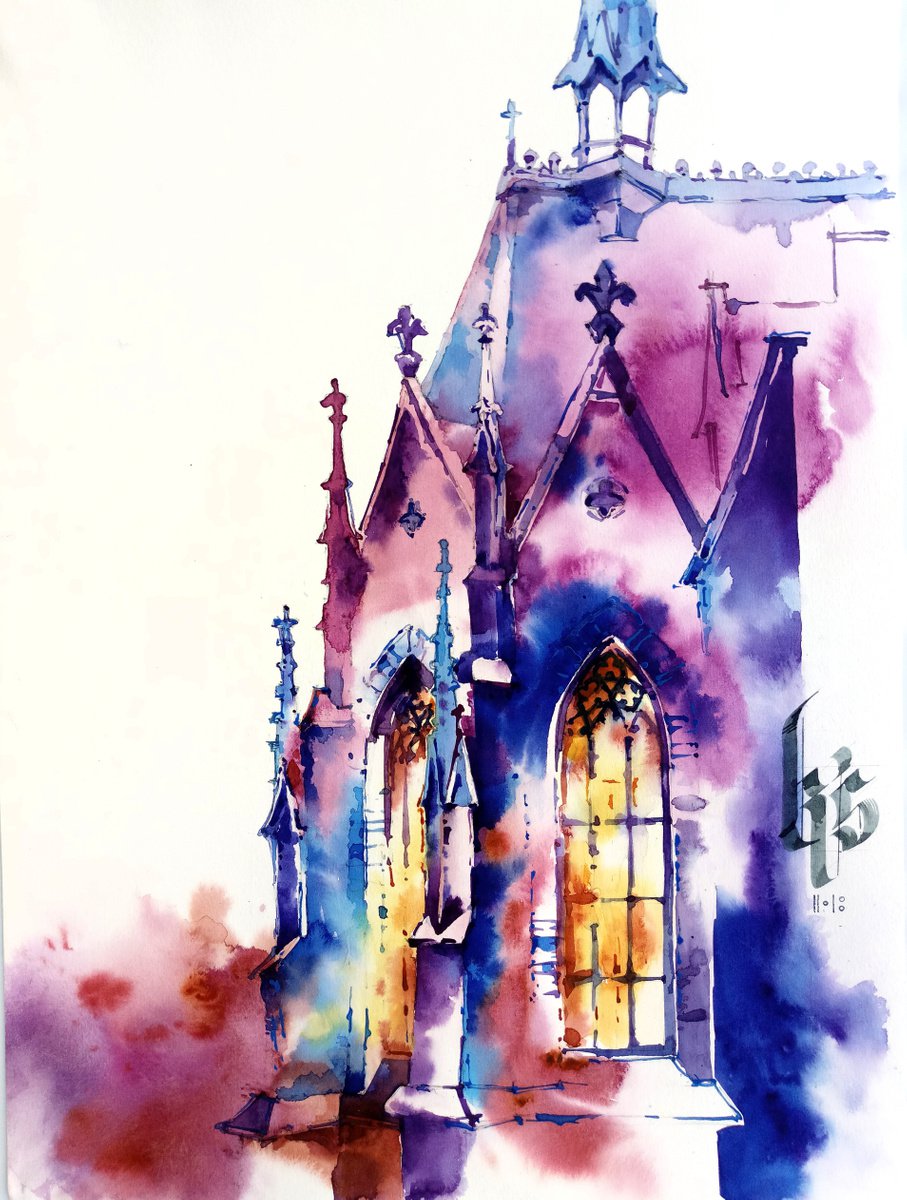 Illustrative Cityscapes Watercolour By Ksenia Selianko, 11 X 15", Gothic Cathedral, Original Artwork