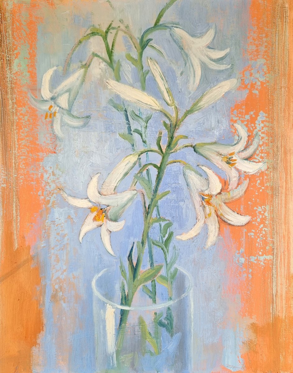 Impressionistic Botanical Oil Painting By Victoria Cozmolici, 16 X 20", Lilies, Original Artwork