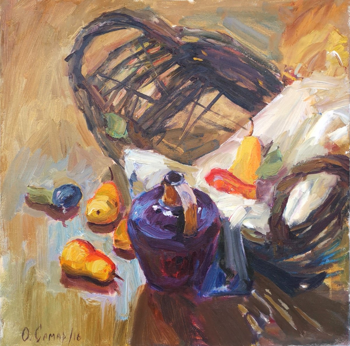 Expressive Still Life Oil Painting By Olga Samar, 20 X 20", Young Wine, Original Artwork