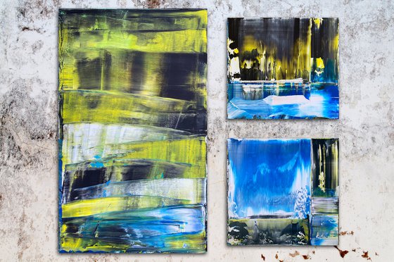 "Locals Only" - Save As A Series - Original PMS Abstract Acrylic Painting Triptych On Gallery Wrap Canvas and Recycled Wooden Desk Panels - 63" x 60"