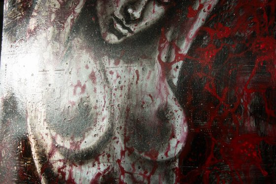 "Lady in red"Original mixedmedia painting on aluminium panel 55x107,5x0,4cm