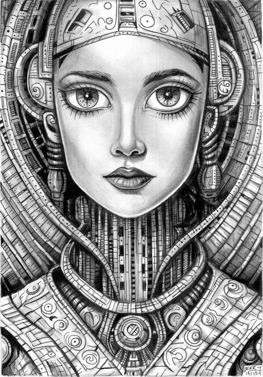 Surrealistic Portrait Drawing By Spencer John Derry, 8 X 12", Cyborg Love Two, Original Artwork