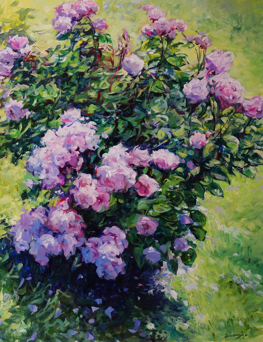Impressionistic Botanical Oil Painting By Gennady Vylusk, 28 X 35, Rose Bush, Original Artwork