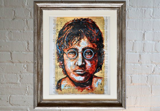 John Lennon - Collage Art on Large Real English Dictionary Vintage Book Page