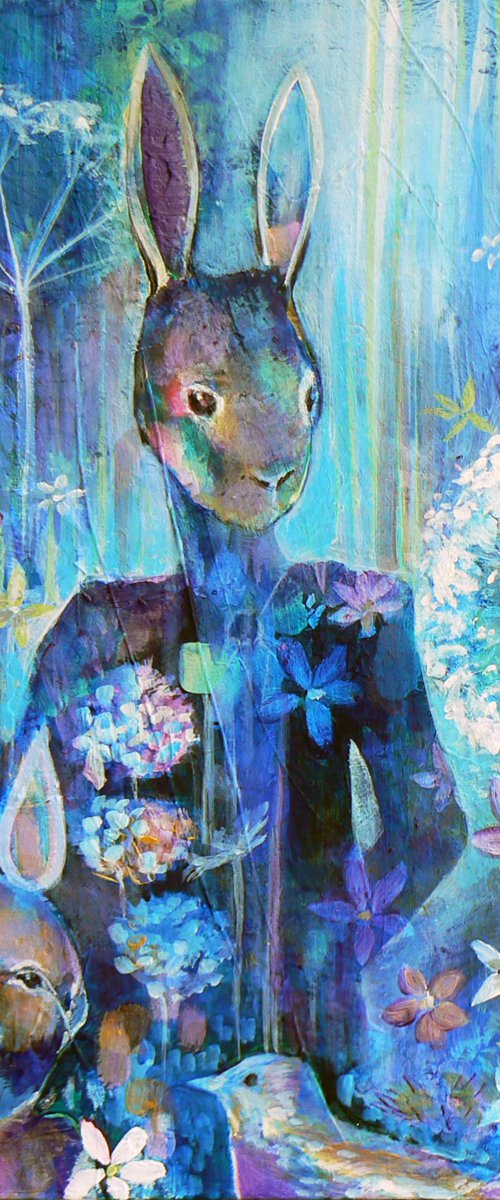 Going to the tea party  ( contemporary narrative painting, hare, butterfly and Alice in wonderland / Through the looking glass) by Carolynne Coulson