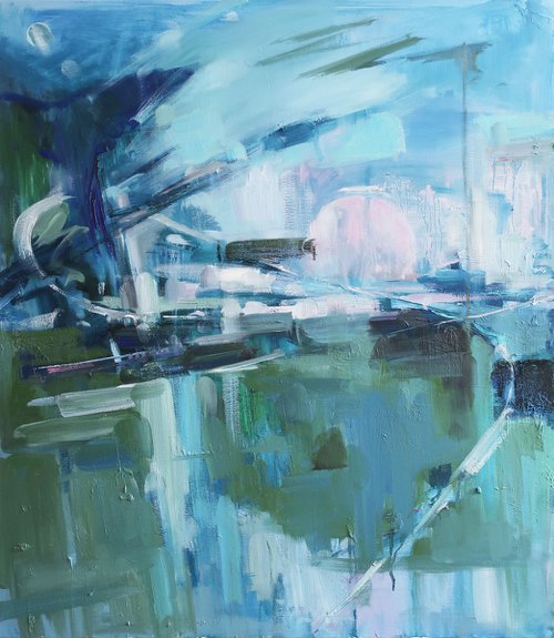 Oil painting Landscape Blue Bird Flying by Anna Shchapova