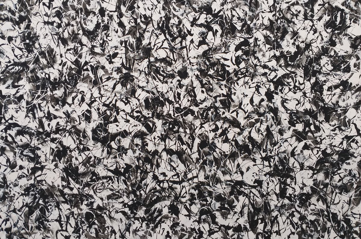 Geometric Abstract Acrylic Painting By Max Yaskin, 64 X 43", Black And White 3 By M.y., Original Artwork