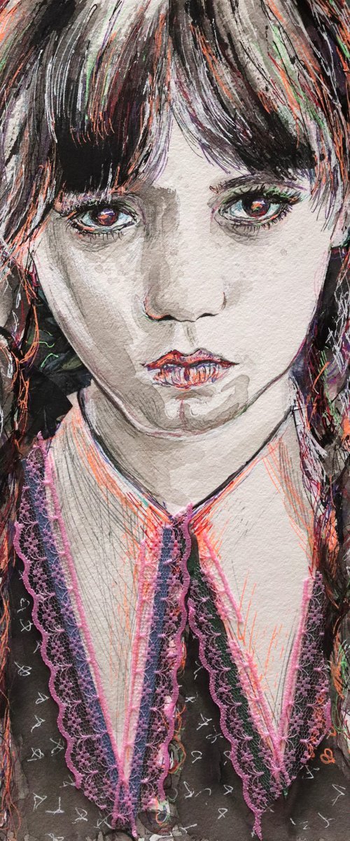 Wednesday Adams - Portrait mixed media drawing on paper by Antigoni Tziora