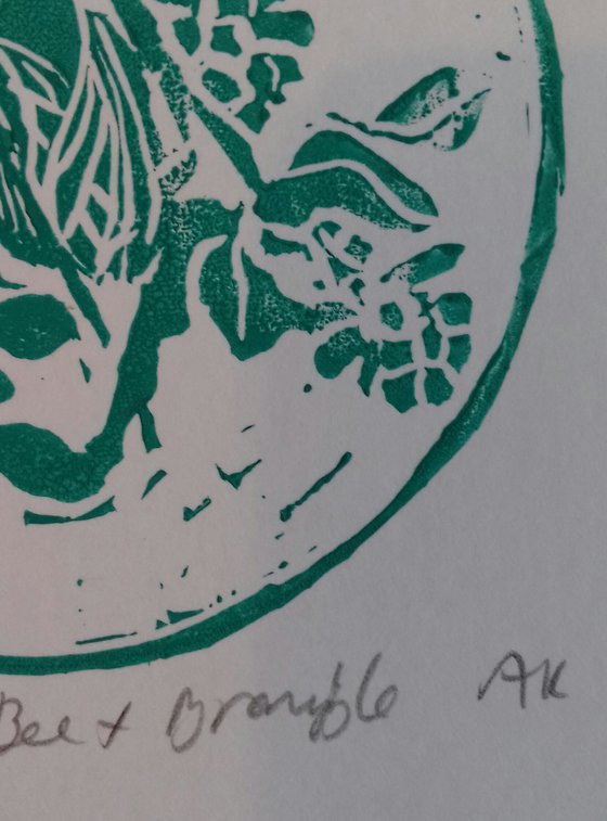 Bumble Bee and Bramble Linocut. Green.