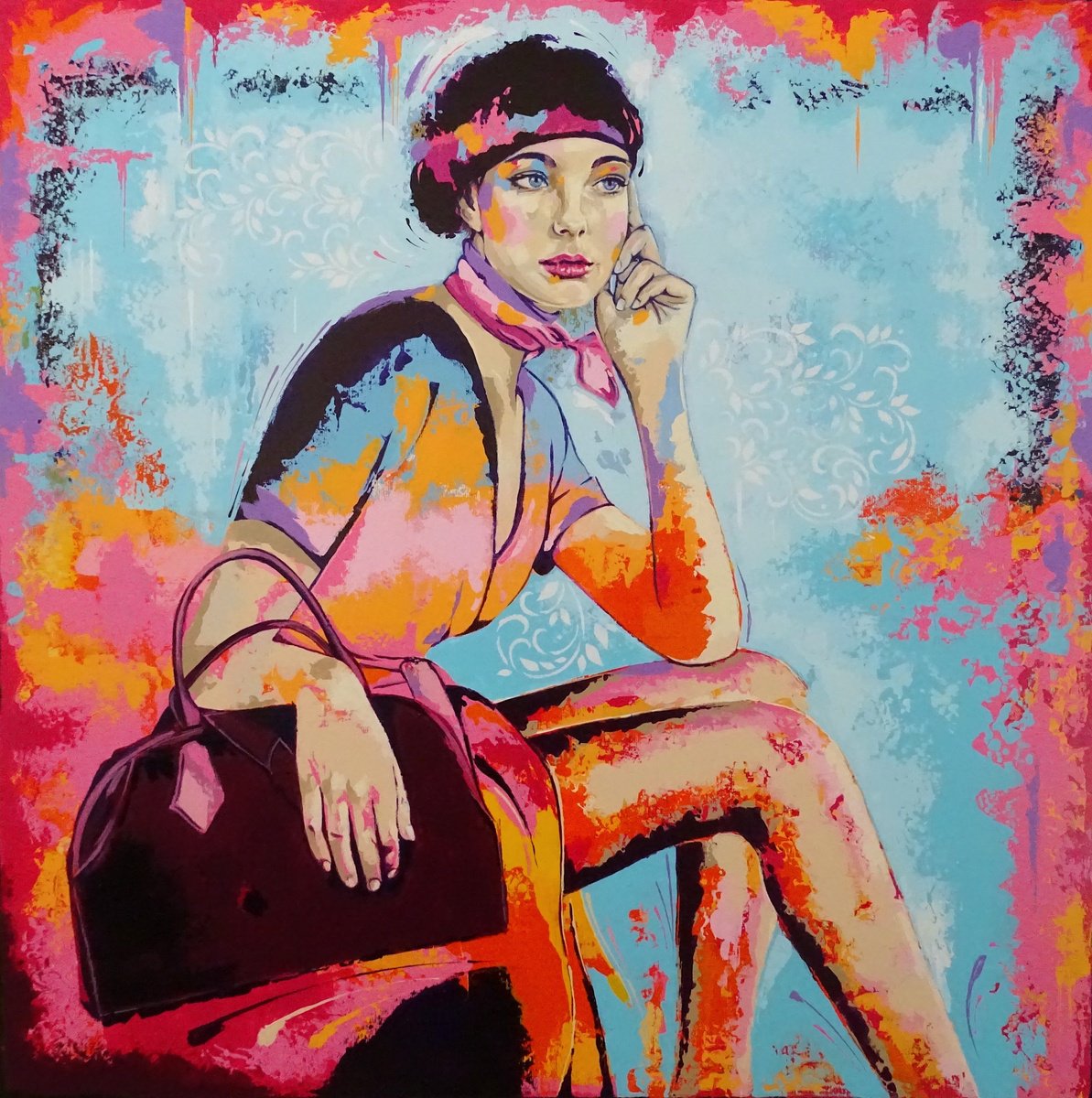 Impressionistic Portrait Acrylic Painting By Livien Rozen, 28 X 28", Waiting For, Original Artwork