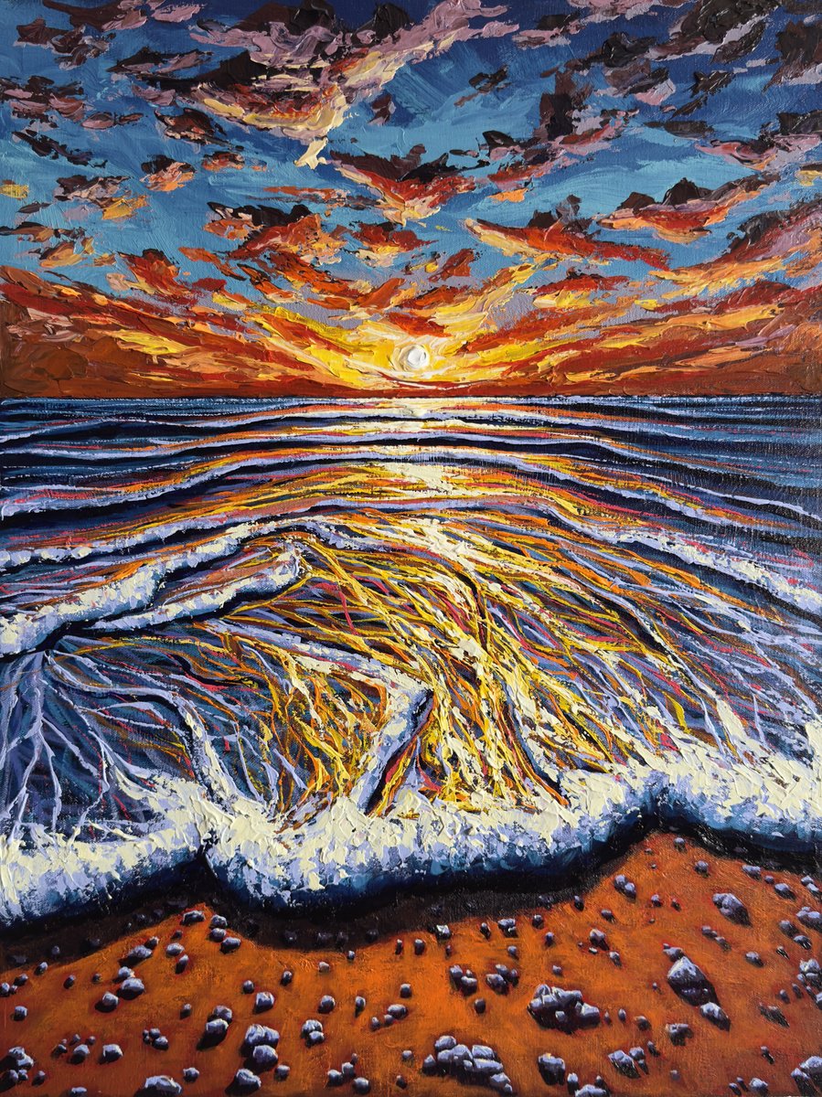 Expressive Landscape Acrylic Painting By Elena Adele Dmitrenko, 18 X 24, Ocean Flame, Original Artwork