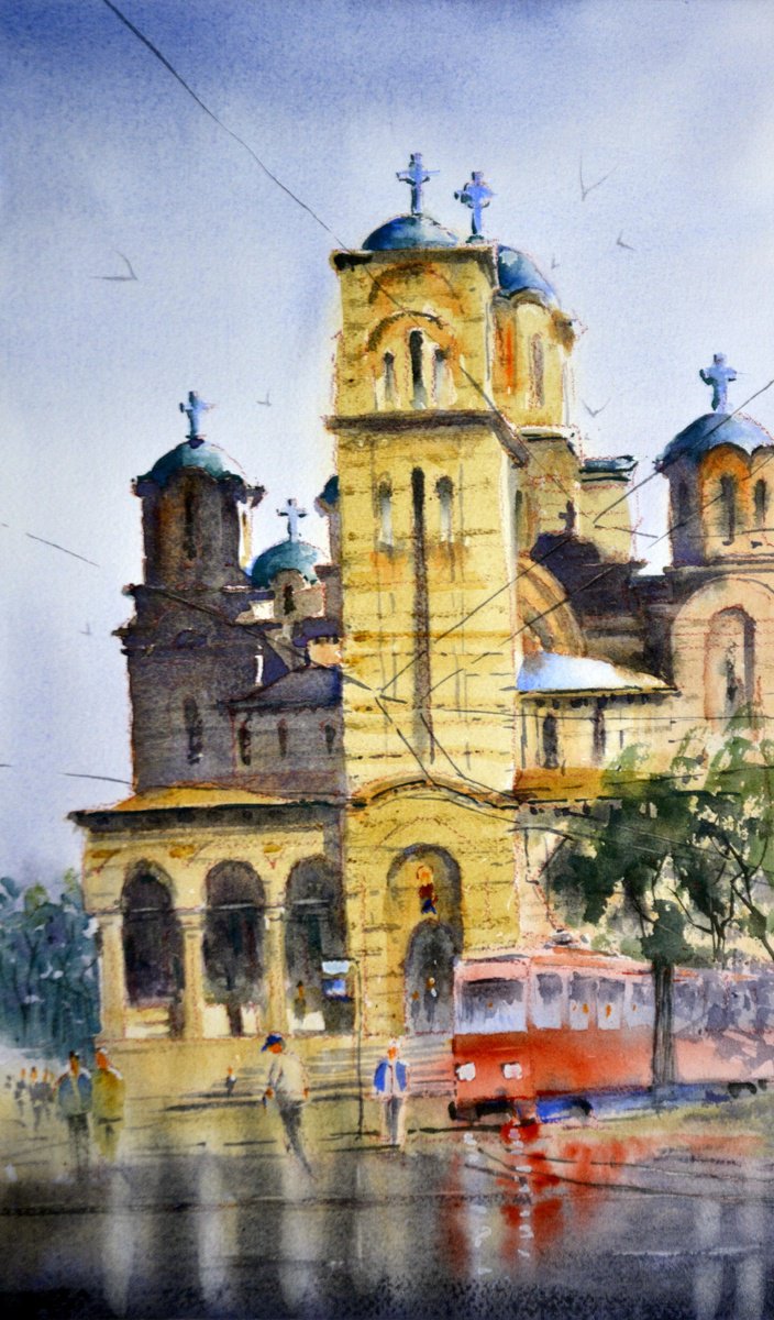 St.Marks Church and red tram 21x35 cm 2023 by Nenad Kojic watercolorist