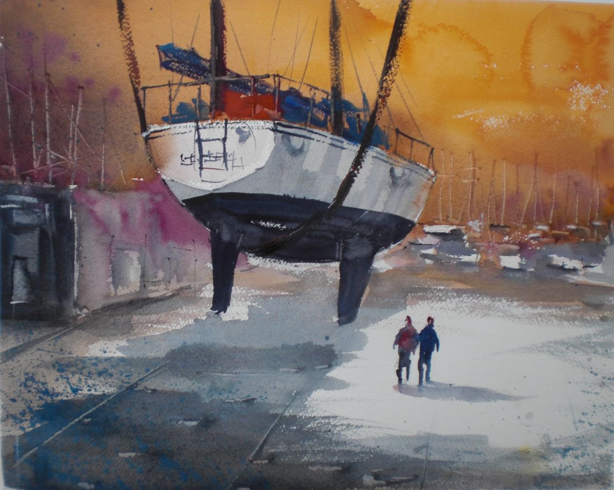 Expressive Cityscapes Watercolour By Giorgio Gosti, 16 X 13, Shipyard 4, Original Artwork