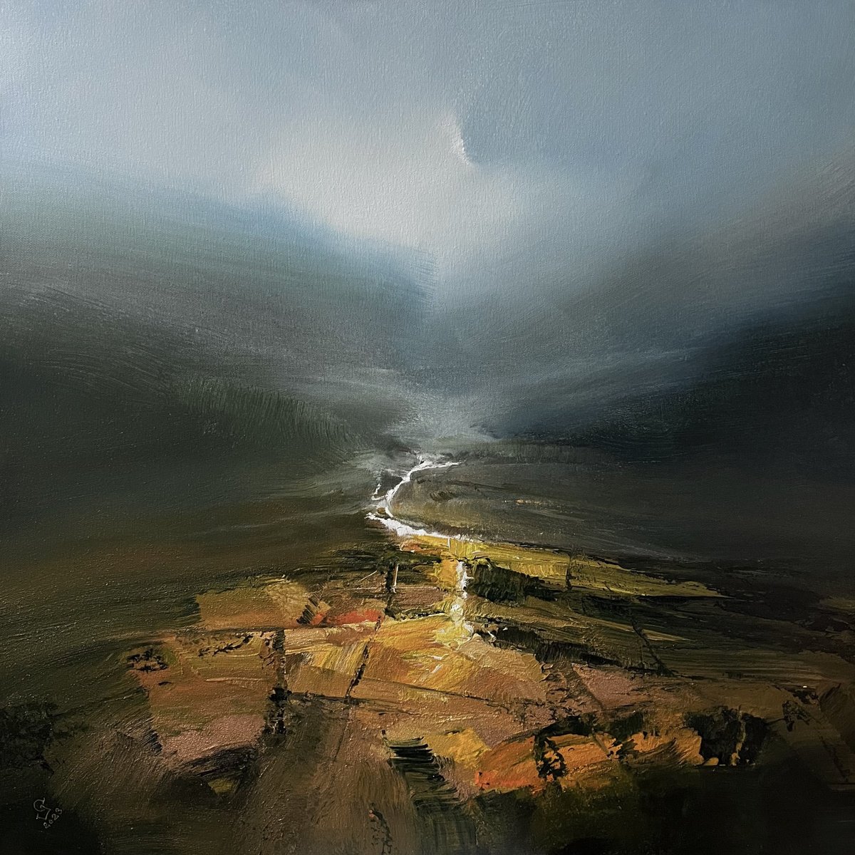 Abstract Landscape Oil Painting By Ivan Grozdanovski, 29 X 29, Light Beneath The Shadow 4, Original Artwork