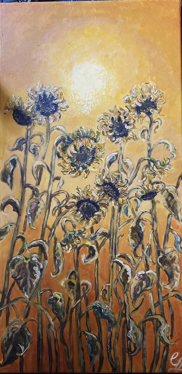 Impressionistic Landscape Acrylic Painting By Colette Baumback, 16 X 31, Sunflowers, Original Artwork