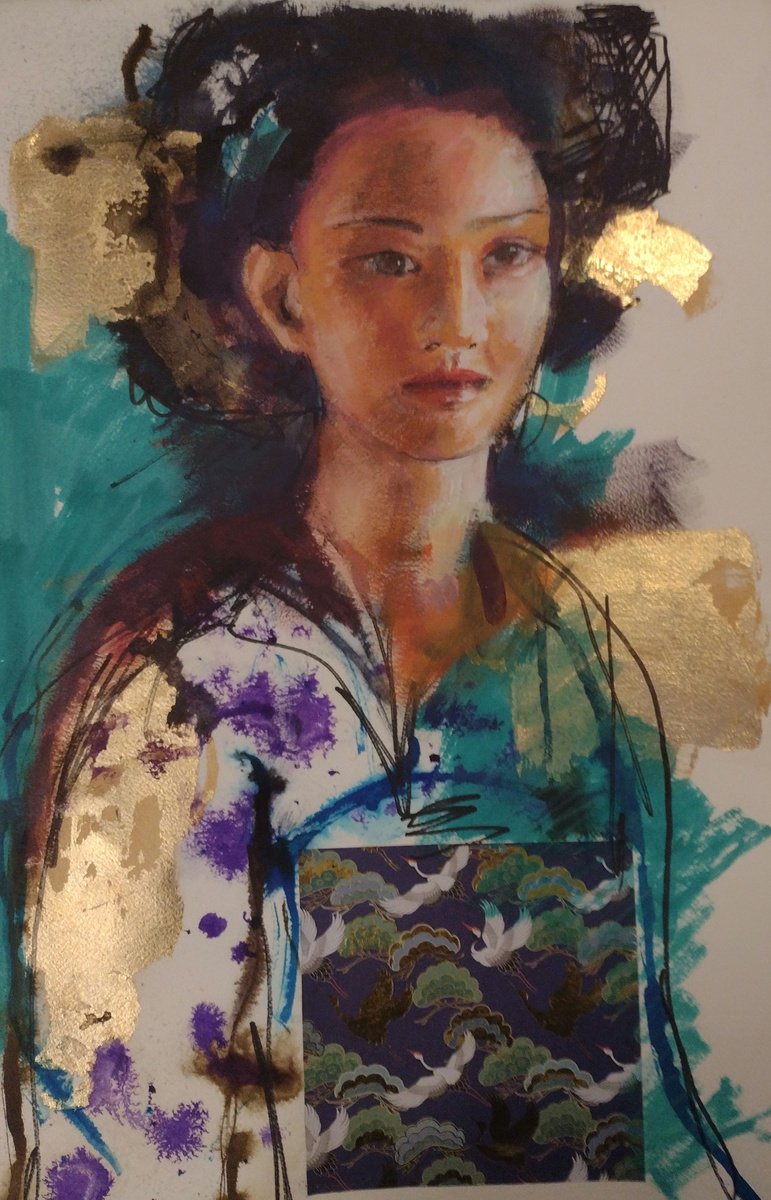 Expressive Portrait Ink Drawing By Marina Del Pozo, 15 X 22", Madame Butterfly, Original Artwork