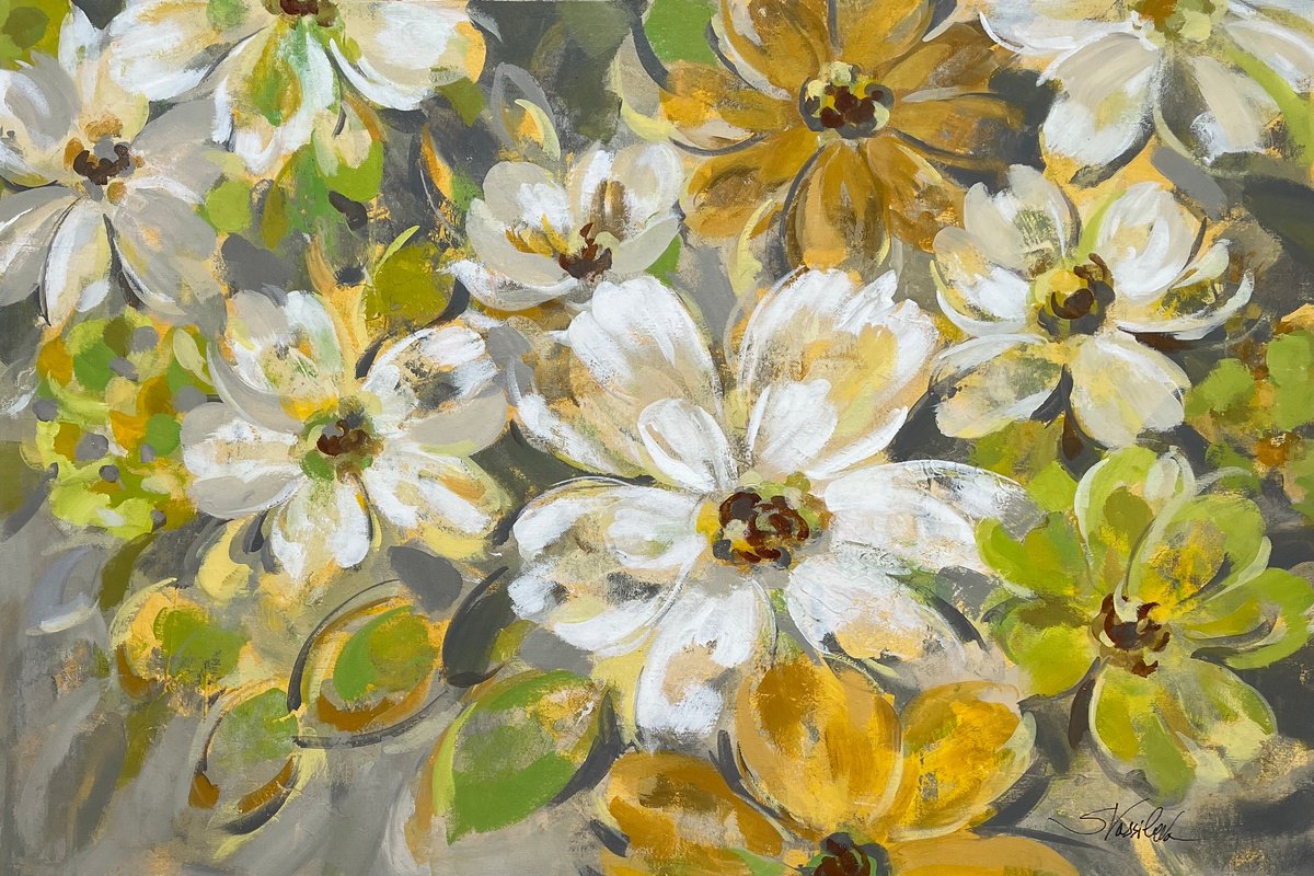 Impressionistic Botanical Acrylic Painting By Silvia Vassileva, 36 X 23", Scattered Spring Petals, Original Artwork