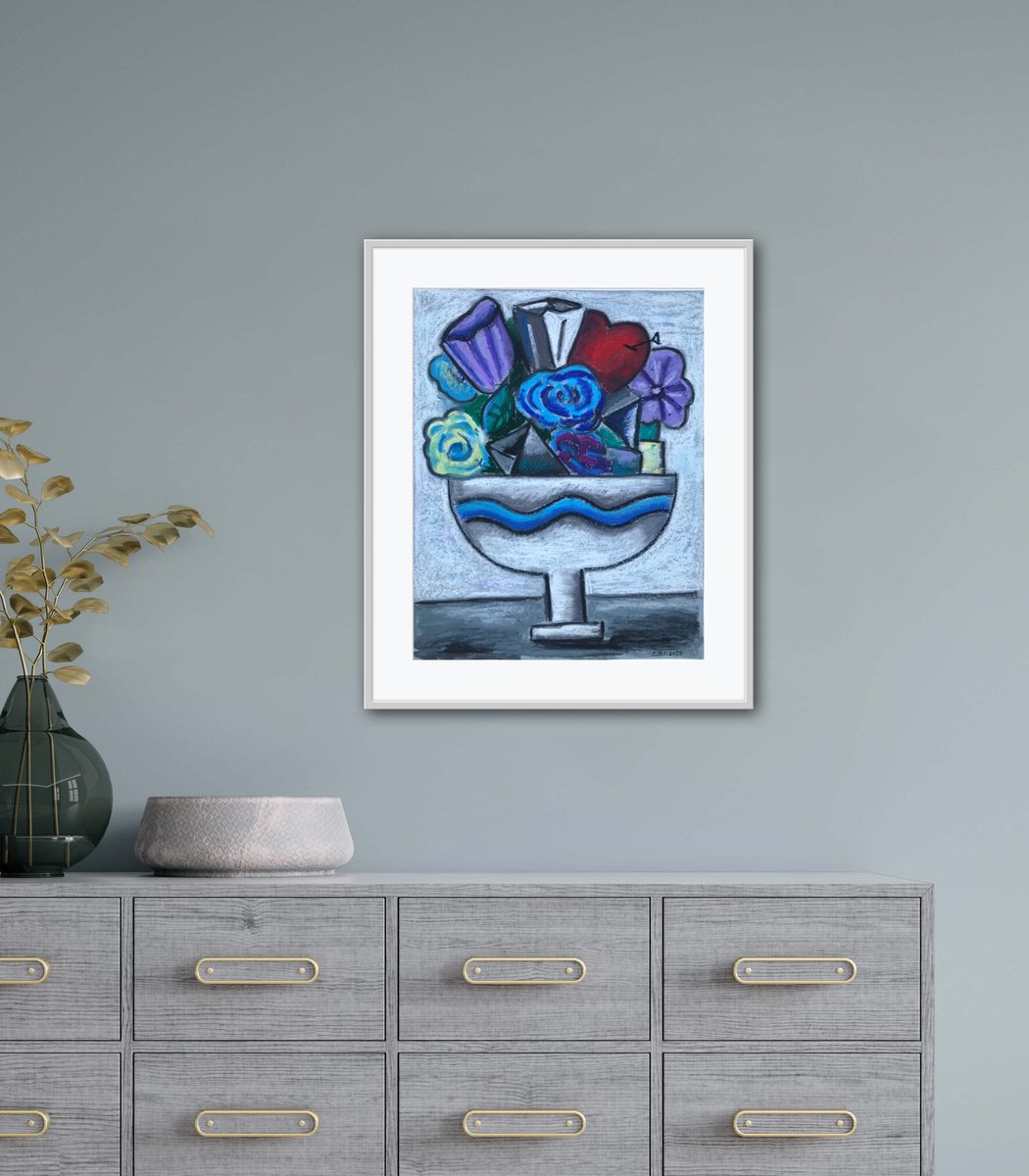 Geometric Botanical Painting By Roberto Munguia Garcia, 12 X 15", Morning Soft Flowers, Original Artwork