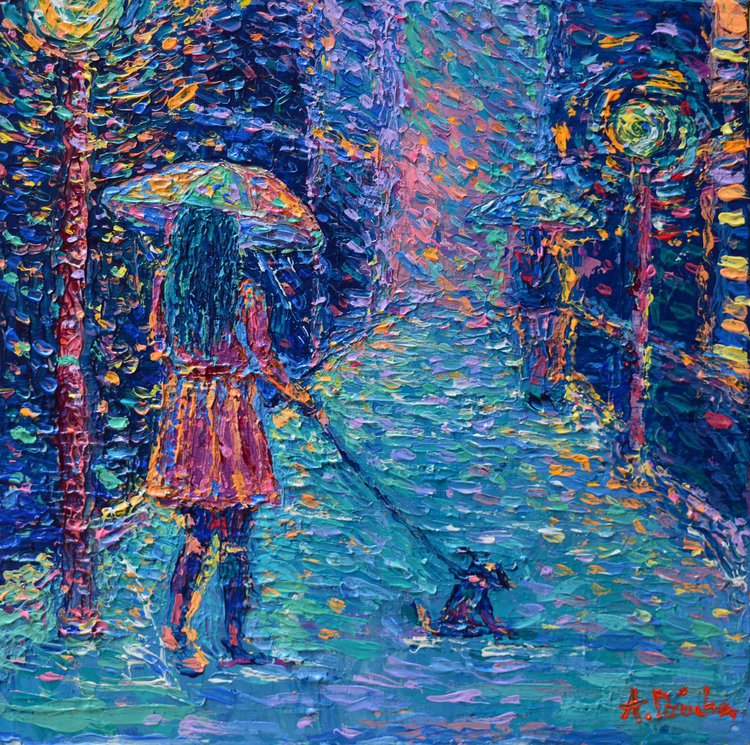 Girl With Rainbow Umbrella 2 Original Painting 40x40cm Palette Knife Modern Abstract Figurative Urban Cityscape At Rain Gift
