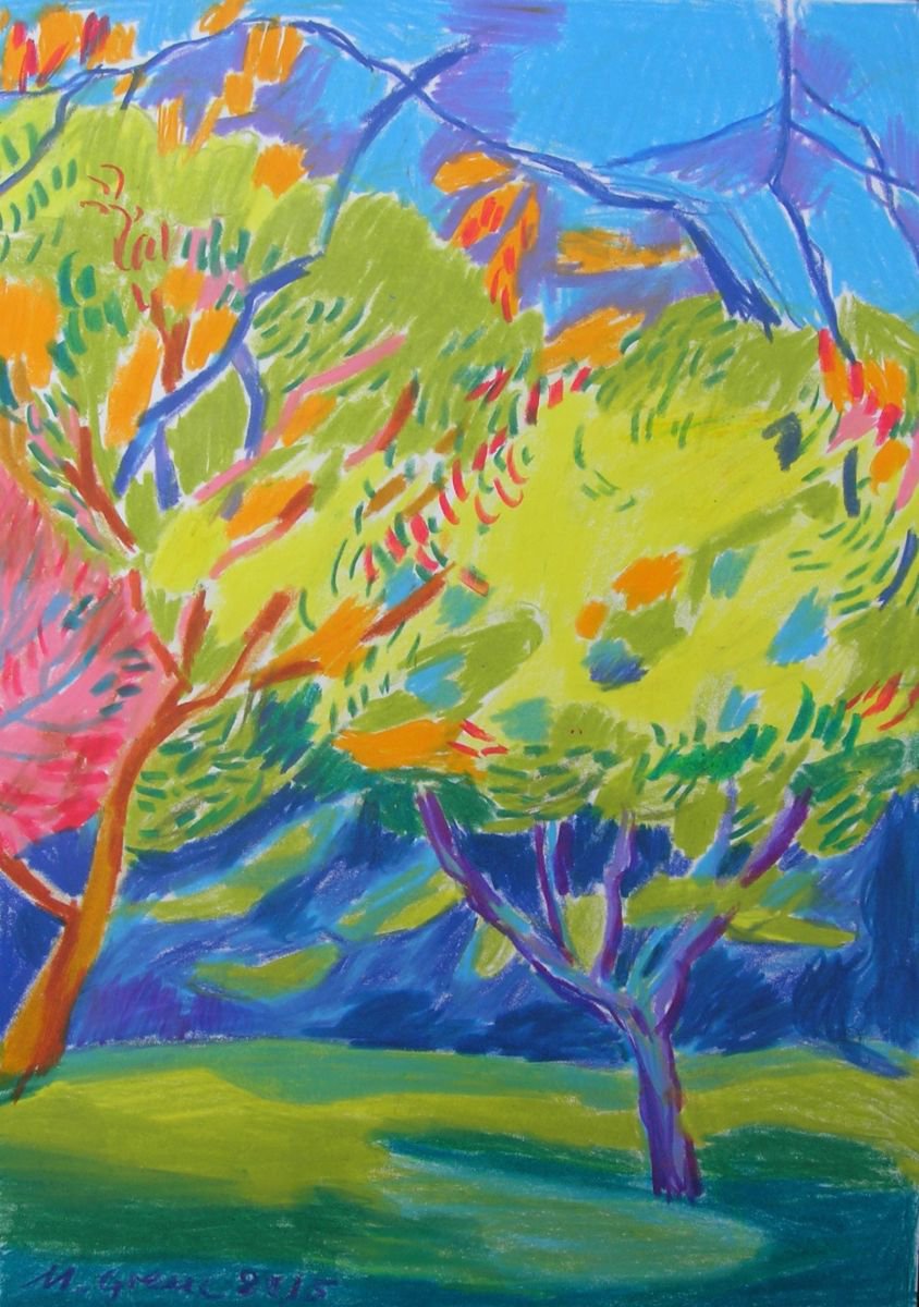 Impressionistic Pastel Drawing , Yellow Tree Tops By Maja Grecic, 8 X 12, Artwork For Sale On Artfinder