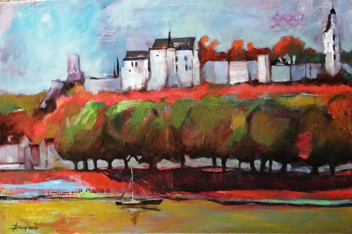 Expressive Landscape Oil Painting By Olga David, 35 X 24", Chinon Landscapes France, Original Artwork
