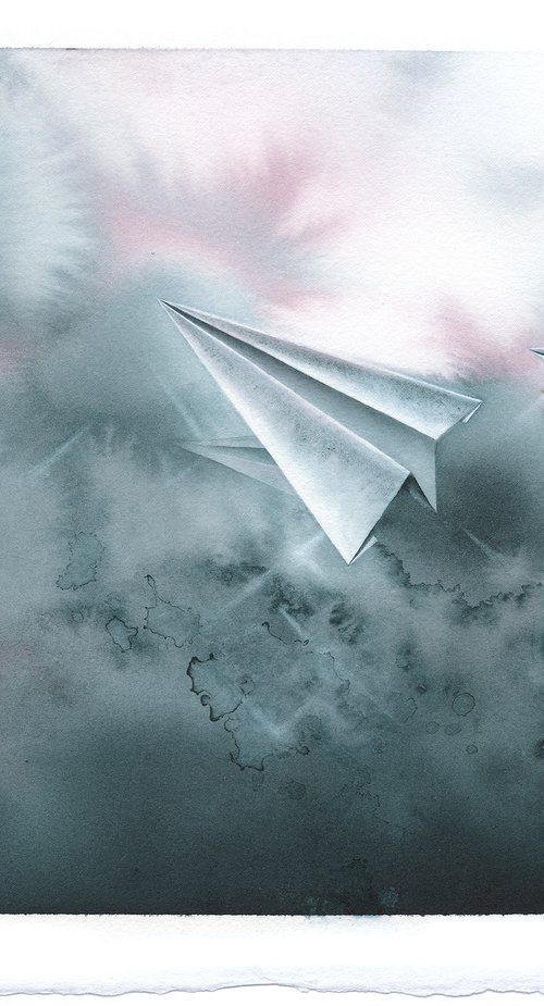 Promises VI - Origami Paper Plane Watercolor by ieva Janu