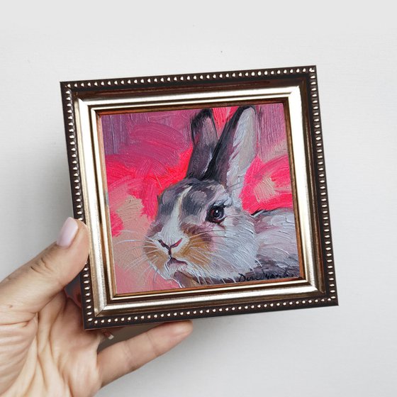 White rabbit painting original oil picture framed 4x4, Small framed art pink rabbit girl gift