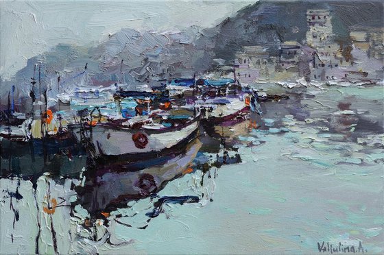 Boats in the bay - Original Landscape painting