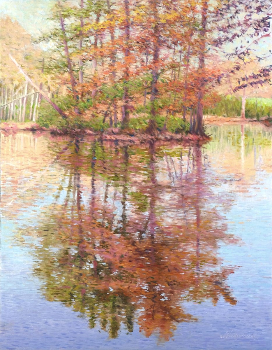 Impressionistic Landscape Oil Painting By Richard Mierniczak, 28 X 35", Tree Reflections 3., Original Artwork
