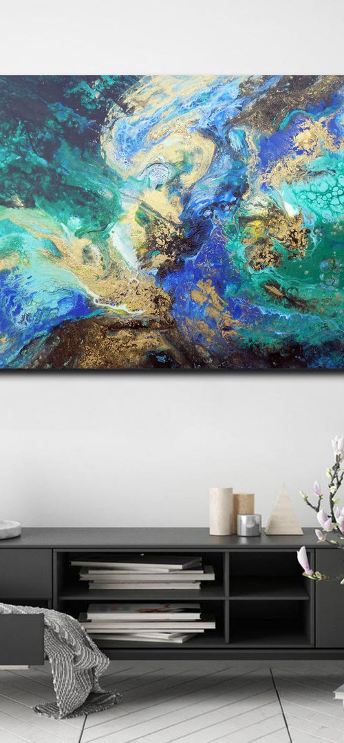 Αbstract painting art blue green gold metallic - Deep river by Areti Ampi