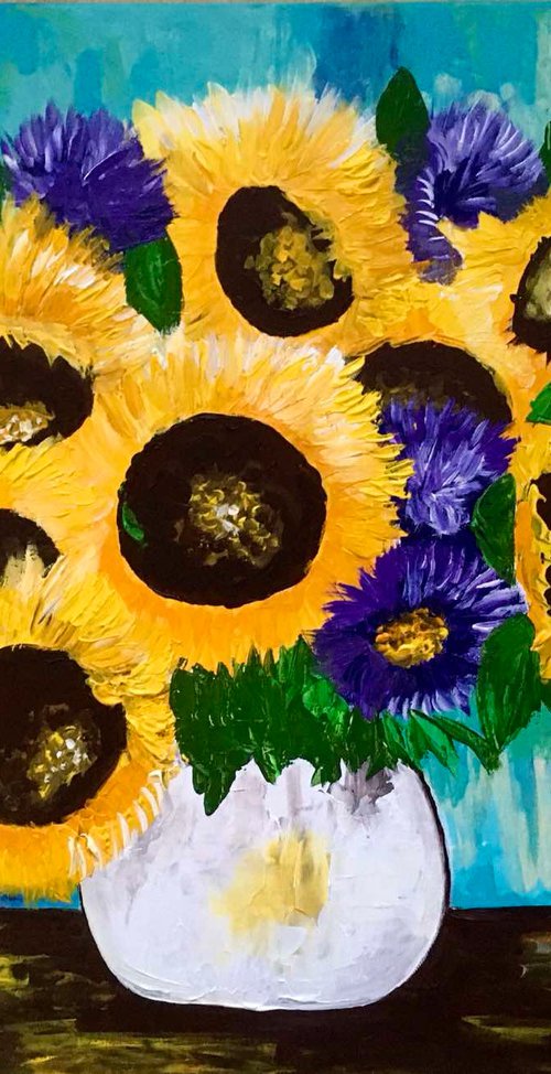 Sunflowers and asters in a white vase. by Olga Koval