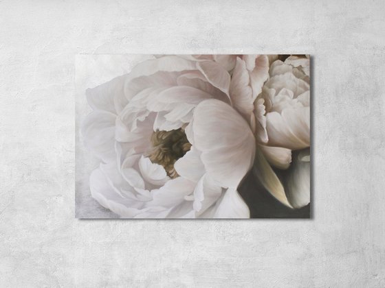 "Velvet Peonies" White silver flowers oil art