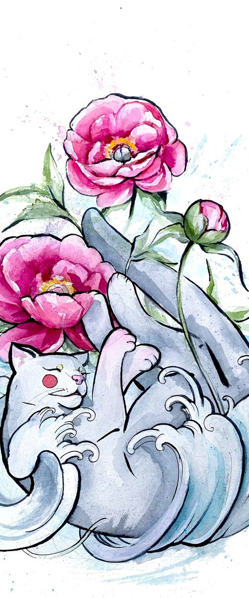 cat with peonies by Belyaeva Oleksandra