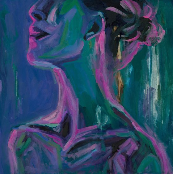 Сontemporary large nude woman portrait in purple and pink