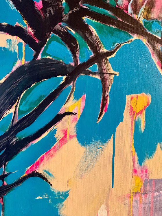 Bright painting - "Flight over a palm tree" - Pop Art - Palms - Bird - Summer - 110x95cm