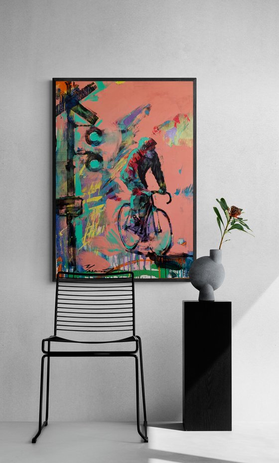 Bright painting - "City cyclist" - Urban Art - Pop Art - Bicycle - Street Art - Pink&Green - City - Street scene