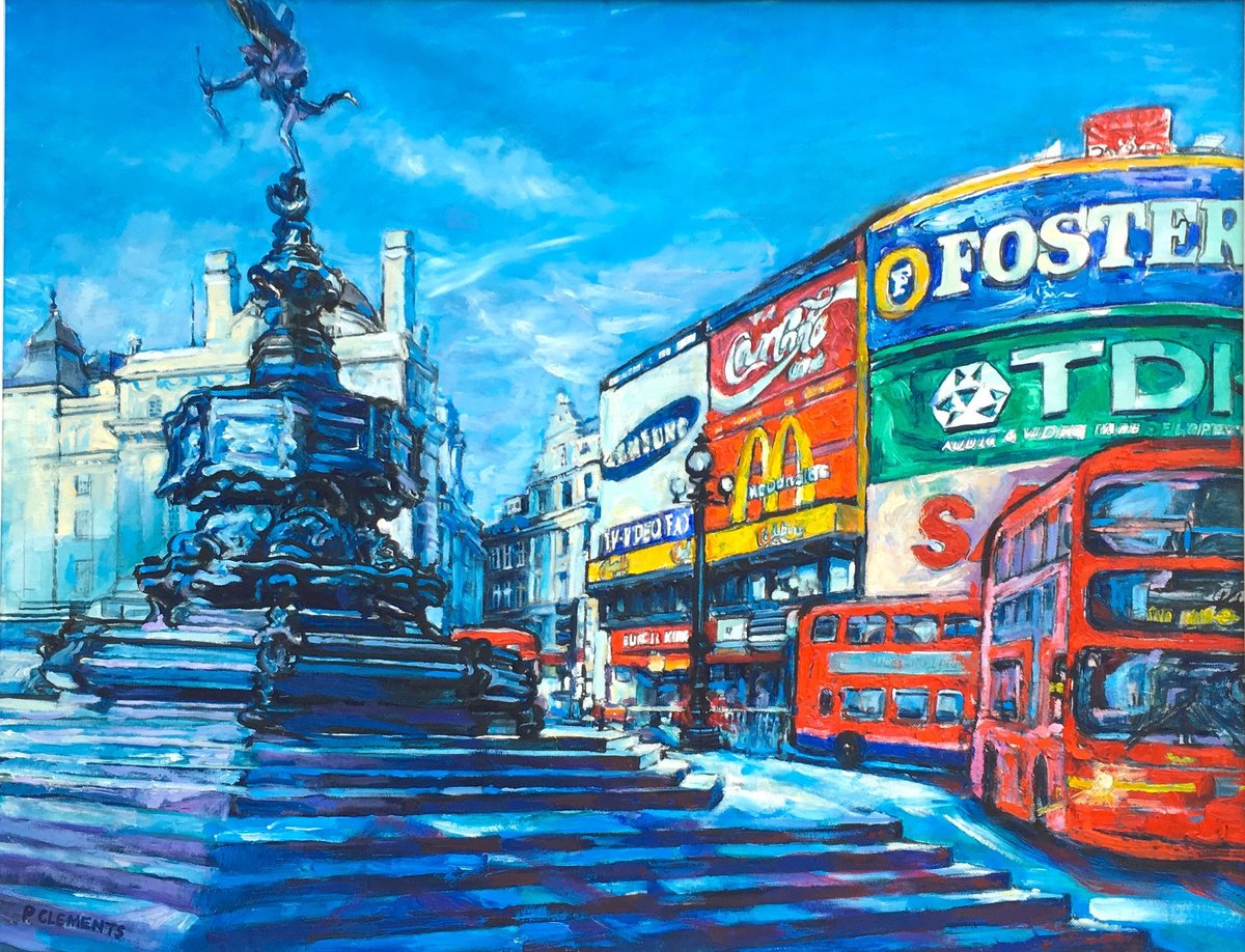 Impressionistic Cityscapes Oil Painting By Patricia Clements, 47 X 39", Eros In Piccadilly Circus, Original Artwork