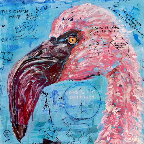Flamingo bird : LOVE IS THE ONLY WAY - 80 x 80 cm | 31.5"x31.5" Series Hidden Treasures by Oswin Gesselli by Oswin Gesselli