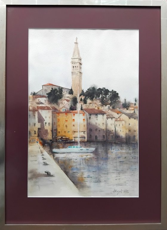 Bela ladja na Jadranskom moru Rovinj Hrvatska 35x54cm 2023