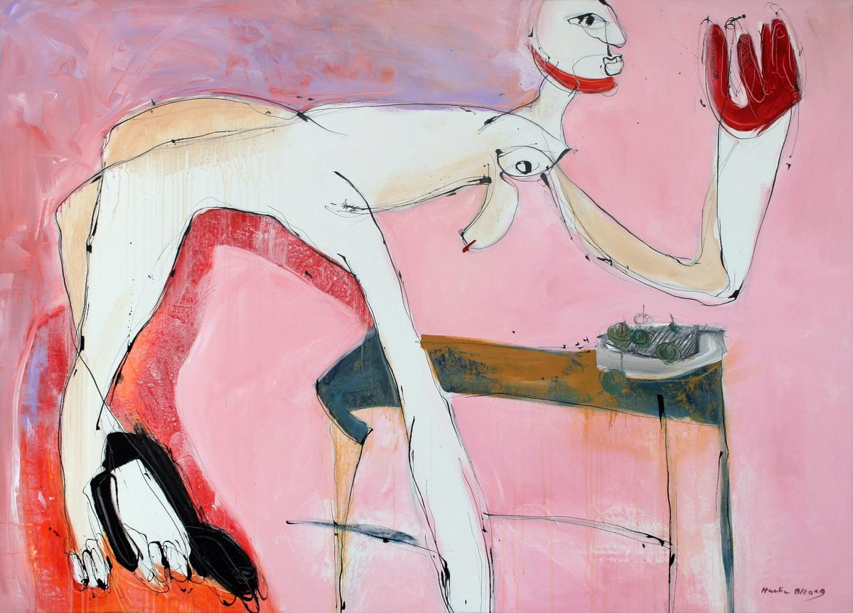 Portrait Acrylic Painting By Jiri Havlik, 63 X 45, Her Pink Day, Original Artwork